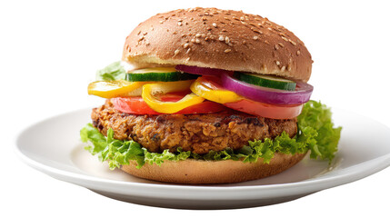 Delicious veggie burger with fresh vegetables on a plate, perfect for healthy eating.