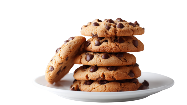 Deliciously stacked chocolate chip cookies on a plate, perfect for dessert lovers and baking enthusiasts.
