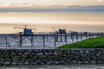 Sunset of Fishing huts over Randonnee entre Histoire et Nature, Fouras, Fouras-les-Bains,...