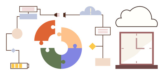 Circular puzzle, clock, cloud, flowchart with battery and connectors depict teamwork, productivity, time management, data sharing, cloud storage process optimization. Ideal for business technology