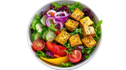 Fresh salad with colorful vegetables and tofu cubes, perfect for healthy eating.