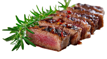 Grilled steak slices with herbs, perfect for culinary presentations, white isolate background.