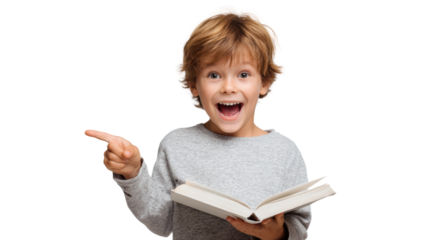 Happy boy holding a book, pointing and smiling, isolated on a white background.
