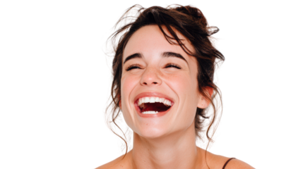 Happy woman laughing with joy, isolated on white background, showcasing a vibrant and cheerful expression.