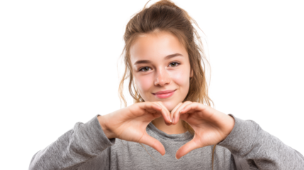 Happy young woman making a heart shape with her hands, smiling, isolated on a white background.