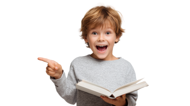 Happy boy holding a book, pointing and smiling, isolated on a white background.