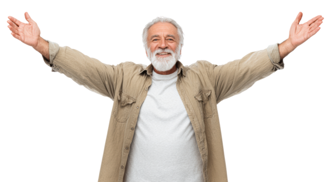 Happy senior man with arms wide open, expressing joy against a white isolate background.
