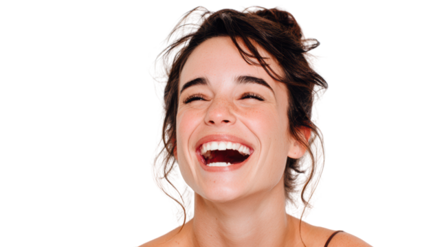 Happy woman laughing with joy, isolated on white background, showcasing a vibrant and cheerful expression.