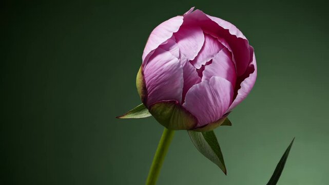Pink peony unfolding, transforming from tight bud to full bloom, layered petals emerging against deep green backdrop in crisp time lapse movement