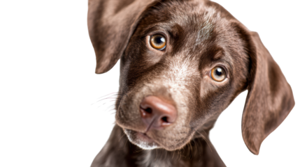 Playful brown puppy with expressive eyes, isolated on a white background.