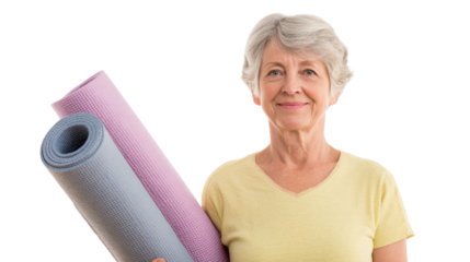 Senior woman holding yoga mats with a joyful expression, ready for a fitness session.