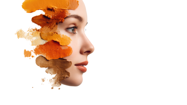 Profile of a young woman with colorful paint strokes, artistic concept, white isolate background.