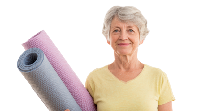Senior woman holding yoga mats with a joyful expression, ready for a fitness session.