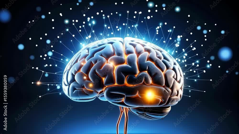 Poster abstract brain with glowing spots, futuristic technology theme, neurological activity and neural net