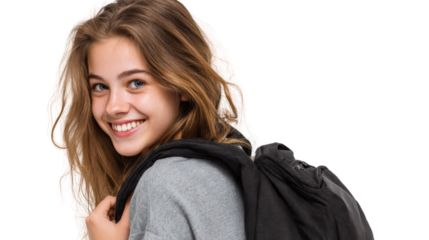 Smiling girl with long hair carrying a backpack, looking back with a joyful expression against a white background.