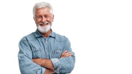 Smiling senior man with gray hair, wearing denim shirt, arms crossed, isolated on white background.