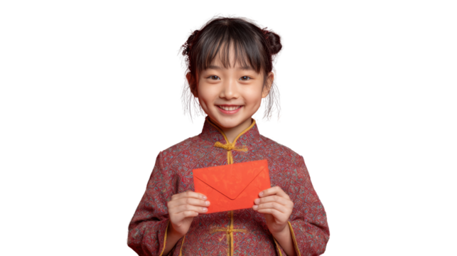 Smiling girl holding red envelopes, celebrating tradition, isolated on white background.