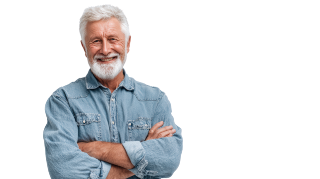Smiling senior man with gray hair, wearing denim shirt, arms crossed, isolated on white background.