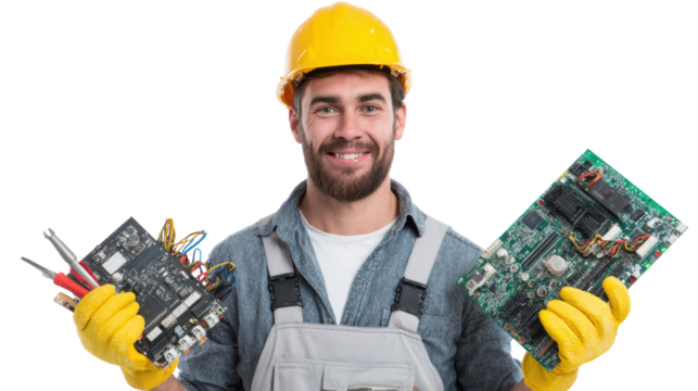 Smiling technician holding circuit boards, wearing yellow helmet and gloves, on isolated background.