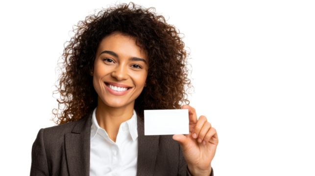 Smiling woman in business attire holding a blank card, isolated on white background.