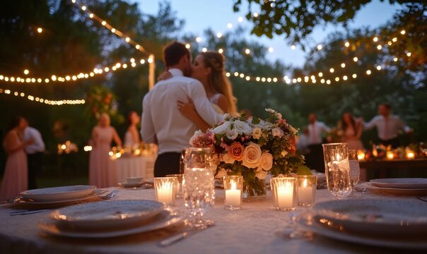 Romantic newlyweds kissing during their first dance under string lights at an outdoor wedding reception with guests celebrating in background - Powered by Adobe