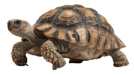 Tortoise walking on a white background, showcasing its majestic shell and unique features.