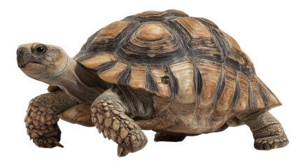 Tortoise walking on a white background, showcasing its majestic shell and unique features.