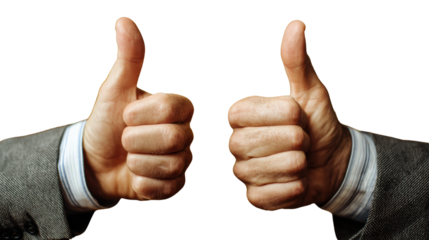 Two hands giving thumbs up gesture on a white isolate background, symbolizing approval and positivity.