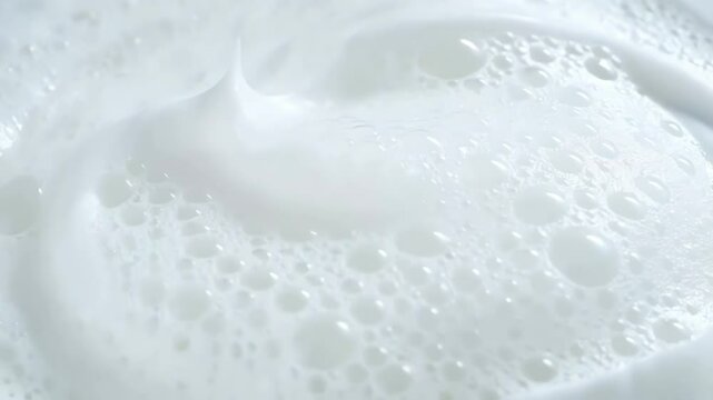 Close-up of fluffy white soap foam with small bubbles and creamy swirls, creating a soft, clean, abstract background