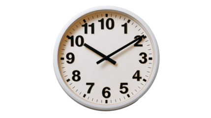 Wall clock with clear numbers and black hands, perfect for timekeeping on a white background.