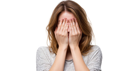 Woman covering her face with hands, expressing emotions, white isolate background