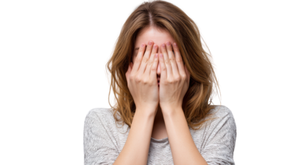 Woman covering her face with hands, expressing emotions, white isolate background