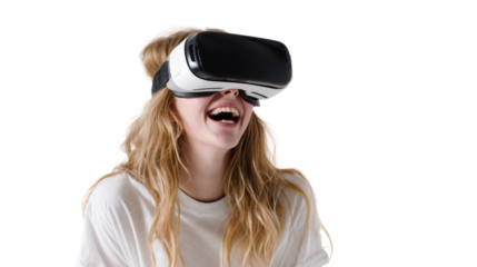 Woman enjoying virtual reality experience with VR headset and smiling, on white isolated background.