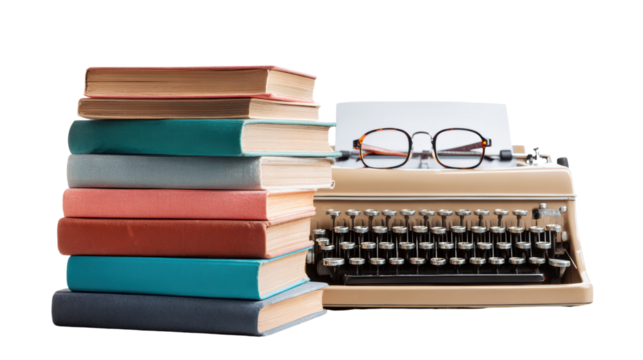 Vintage typewriter with stack of books and glasses, white isolated background.