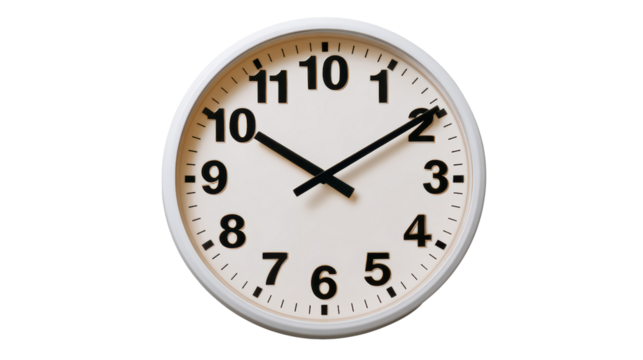 Wall clock with clear numbers and black hands, perfect for timekeeping on a white background.