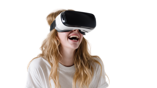 Woman enjoying virtual reality experience with VR headset and smiling, on white isolated background.