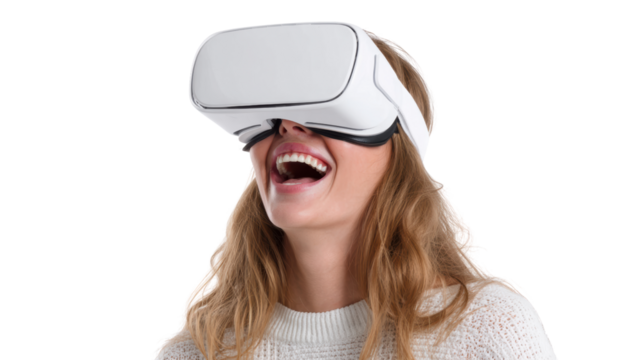 Woman enjoying virtual reality experience with VR headset, expressing excitement and joy. - Powered by Adobe