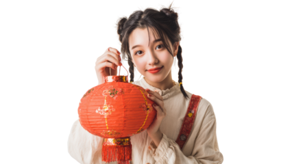 Young woman holding a traditional red lantern, smiling warmly, with a soft focus background.