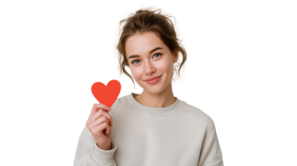 Young woman smiling while holding a red heart symbol on a white isolated background.