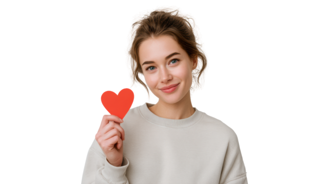 Young woman smiling while holding a red heart symbol on a white isolated background.
