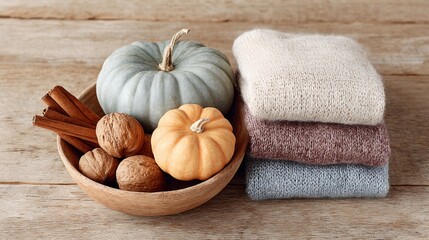 Bowl of nuts and pumpkins sits on a wooden table