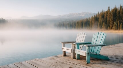 Fototapeta premium Two blue chairs are sitting on a dock by a lake