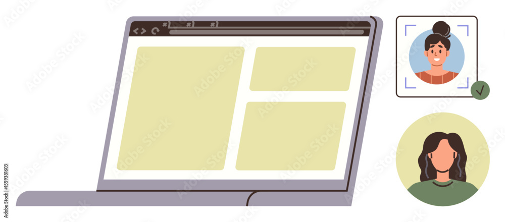 Poster laptop displaying blank layout and two user profile images, one verified. ideal for technology, secu