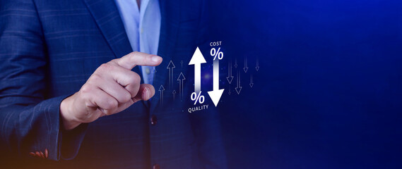 Cost and quality control concept. Quality increase and cost optimization for products or services...