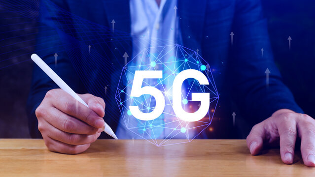 5G network concept, Business using with holographic digital globe with interconnected 5G symbols, 5G technology in modern business and communication, digital transformation.
