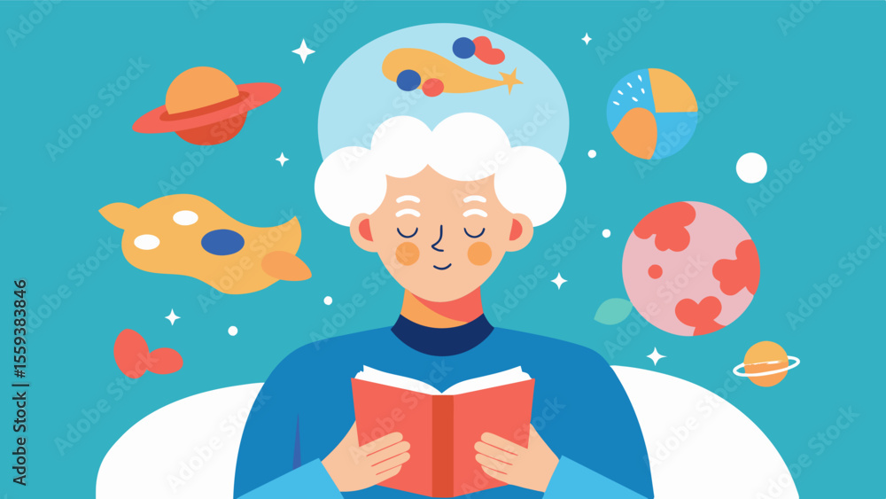 Poster as the elderly person reads their brain is stimulated by the different worlds and characters they en
