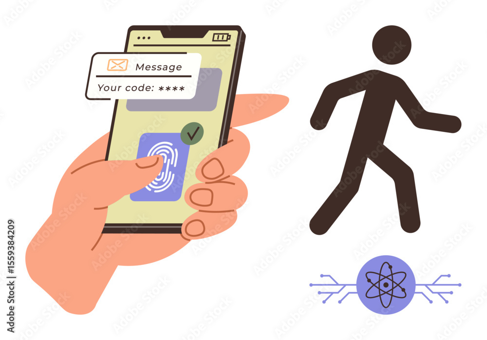 Poster hand holding smartphone showing message, code, and fingerprint scan validation. walking figure with 