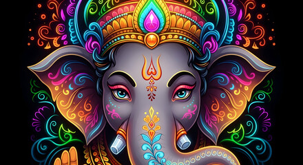 Vibrant Lord Ganesha with Colorful Floral Aura, Ganapati Idol, Ganesh Chaturthi Festival, Vinayak Blessings
