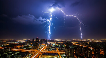 Massive Lightning Strike Illuminating Night Cityscape, Electric Storm Flash Over Urban Skyline with Glowing Roads and Dark Blue Cloudy Sky