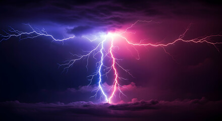 Vibrant Dual Tone Lightning Bolt Splitting Night Sky, Powerful Electric Thunderstorm Energy Strike in Blue and Pink Stormy Cloudy Background